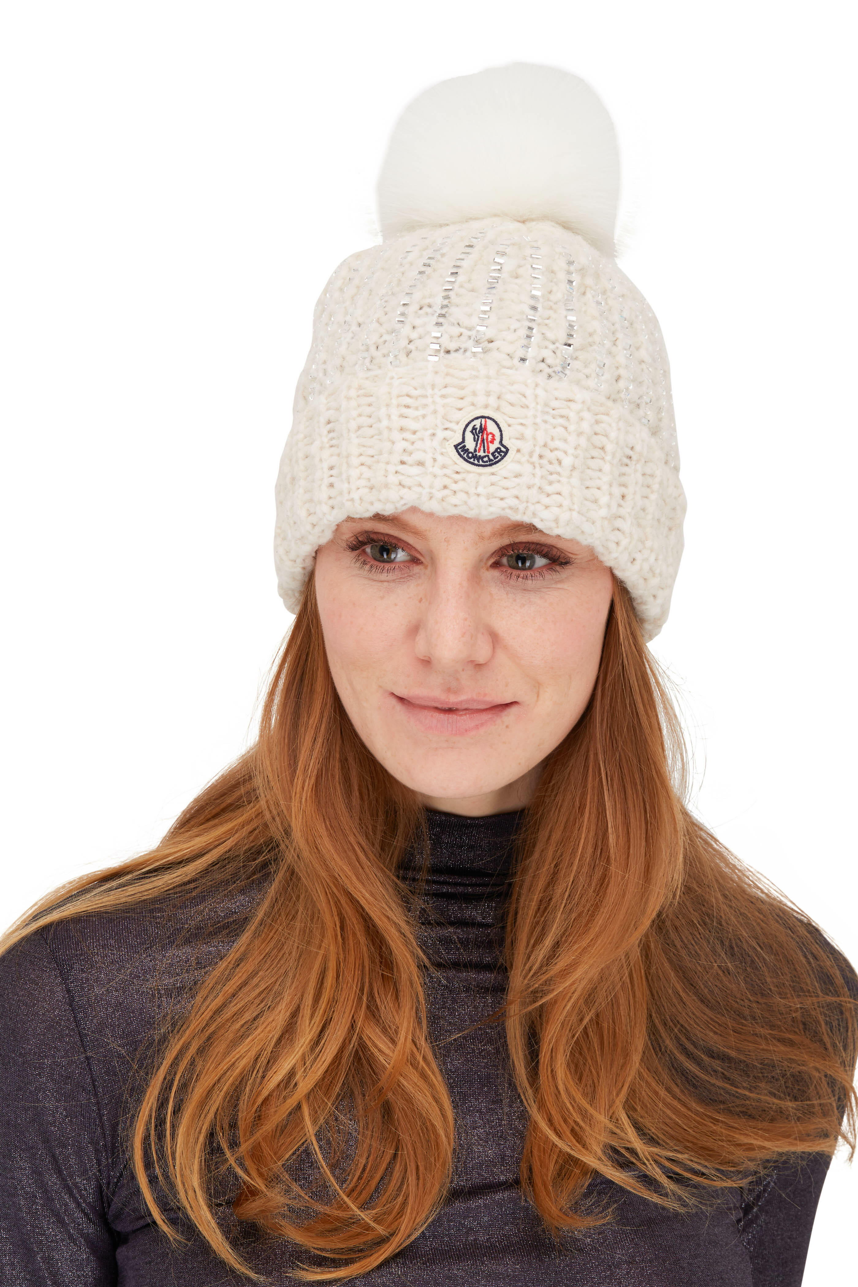 Moncler - Ivory Rhinestone & Fur Pom Pom Hat | Mitchell Stores