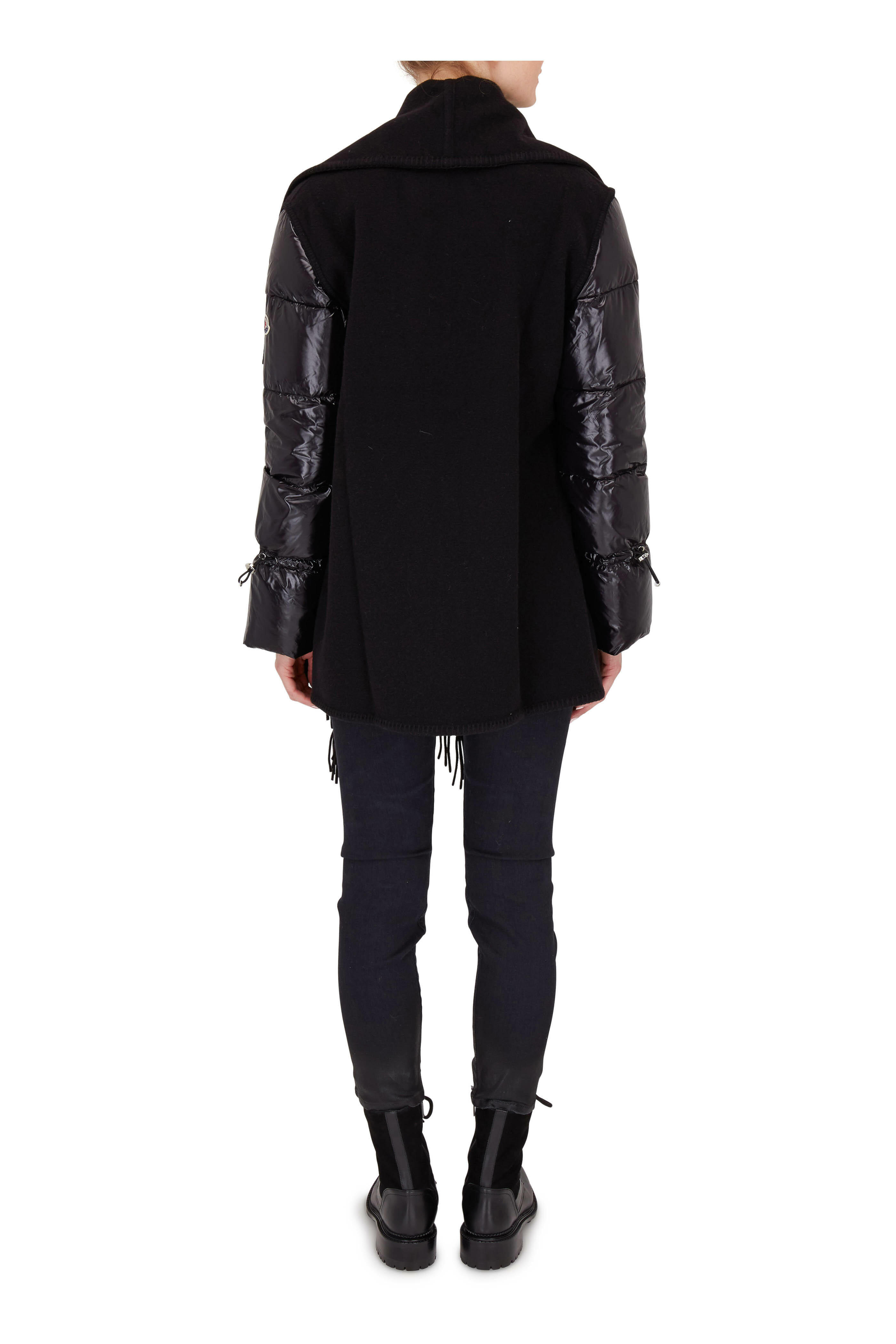 Moncler - Black Fringed Wool Wrap Puffer Sleeve Coat