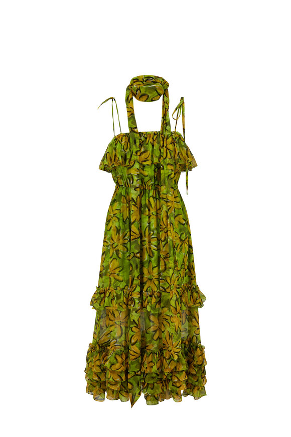 Michael Kors Collection - Green & Yellow Silk Chiffon Daisy Floral Sundress