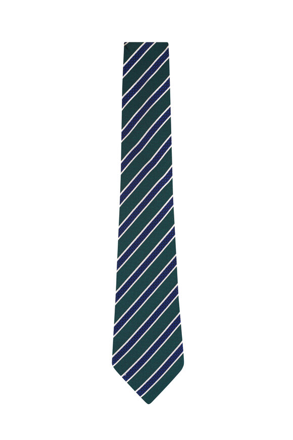 Zegna Green & Navy Stripe Silk Necktie - view 1