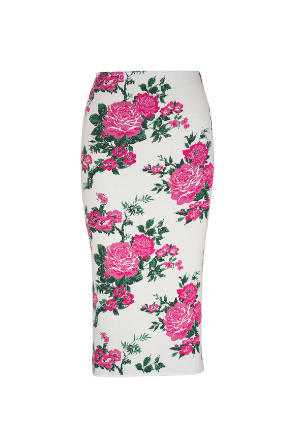 Carolina Herrera White Multi Floral Print Knit Silk Midi Skirt