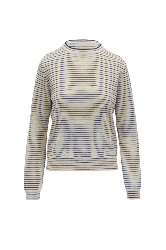 Brunello Cucinelli Ecru & Blue Stripe Cotton & Linen Sweater