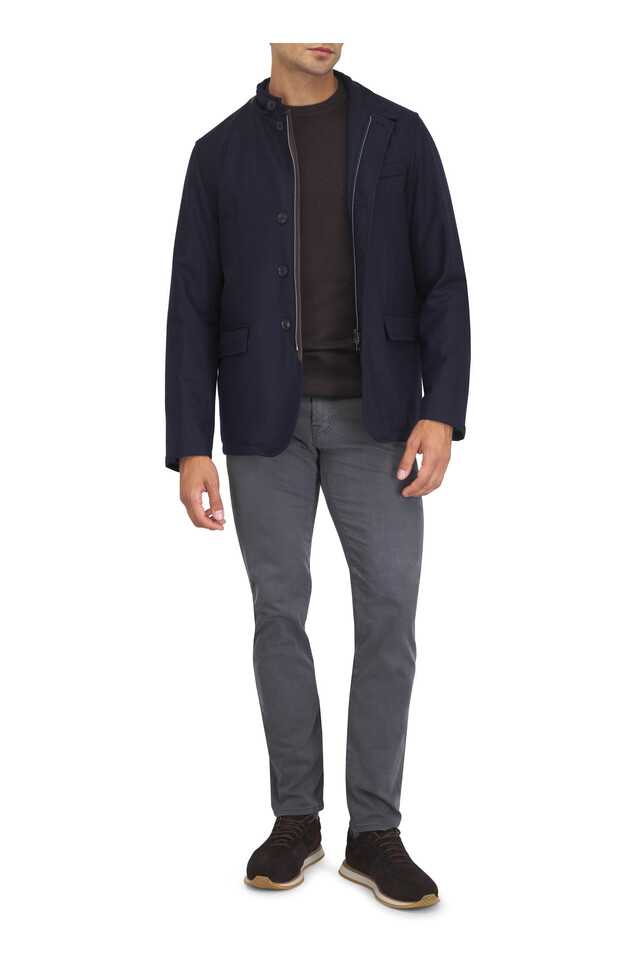 Designer outfit featuring Toffee Cashmere Crewneck Sweater, Navy Blue Wool & Silk Storm Coat and 2 other pieces