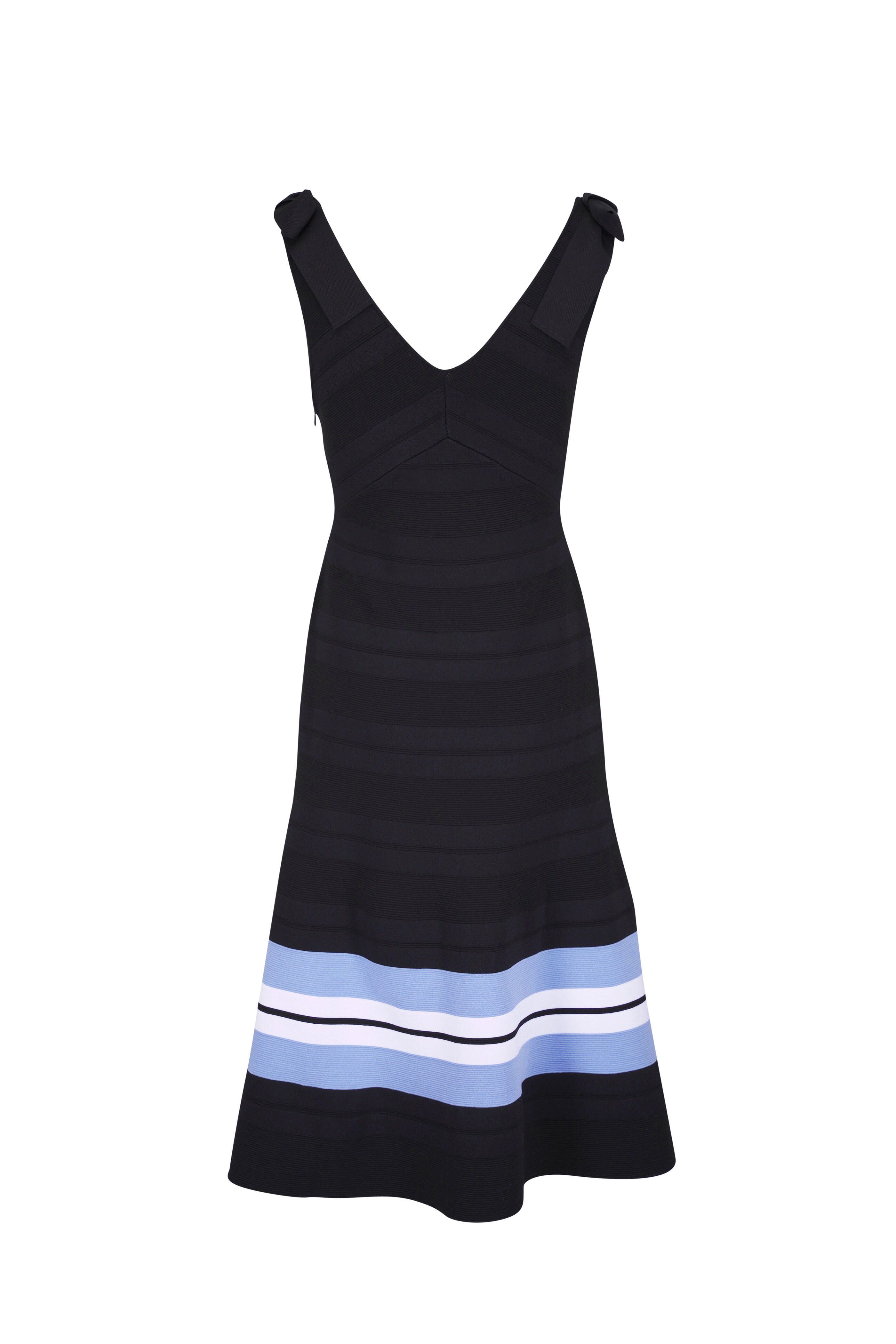 Carolina Herrera - Black Multicolor Stripe V-Neck Flare Dress