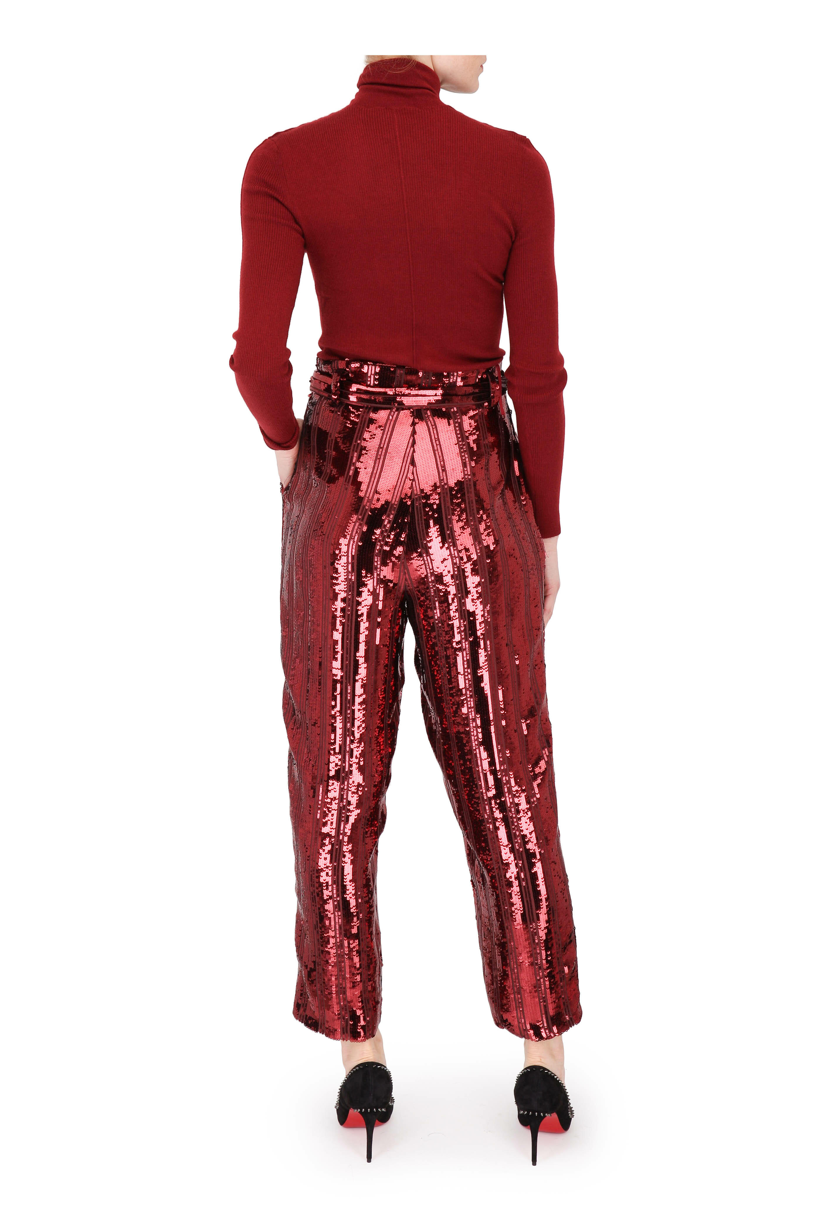 LaPointe - Crimson Stripe Sequined Tapered Belted Pant