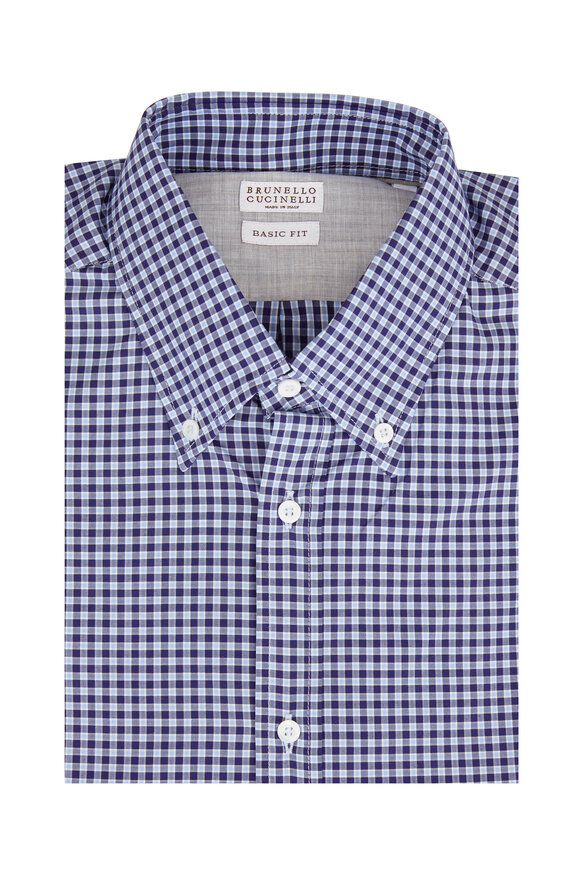 Brunello Cucinelli - Navy Blue & Light Blue Plaid Basic Fit Sport Shirt