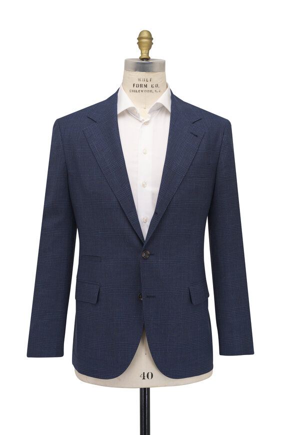 Brunello Cucinelli Dark Blue Plaid Wool, Silk & Linen Sportcoat - view 3
