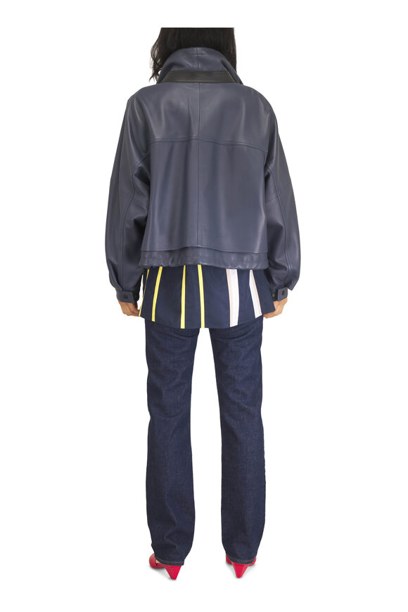 Loewe Dark Navy Leather High Collar Drawstring Jacket - view 4