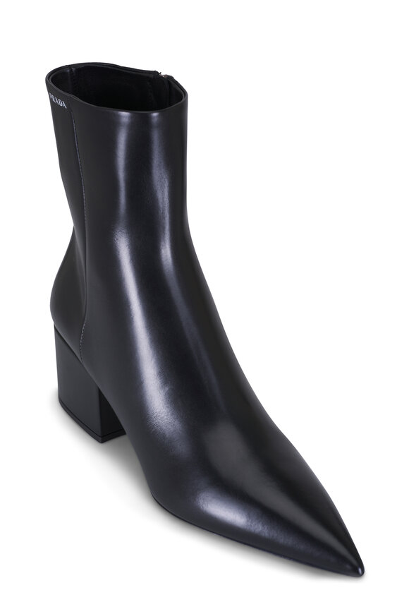 Prada Stivali Black Leather Pointed Toe Ankle Boot, 55mm