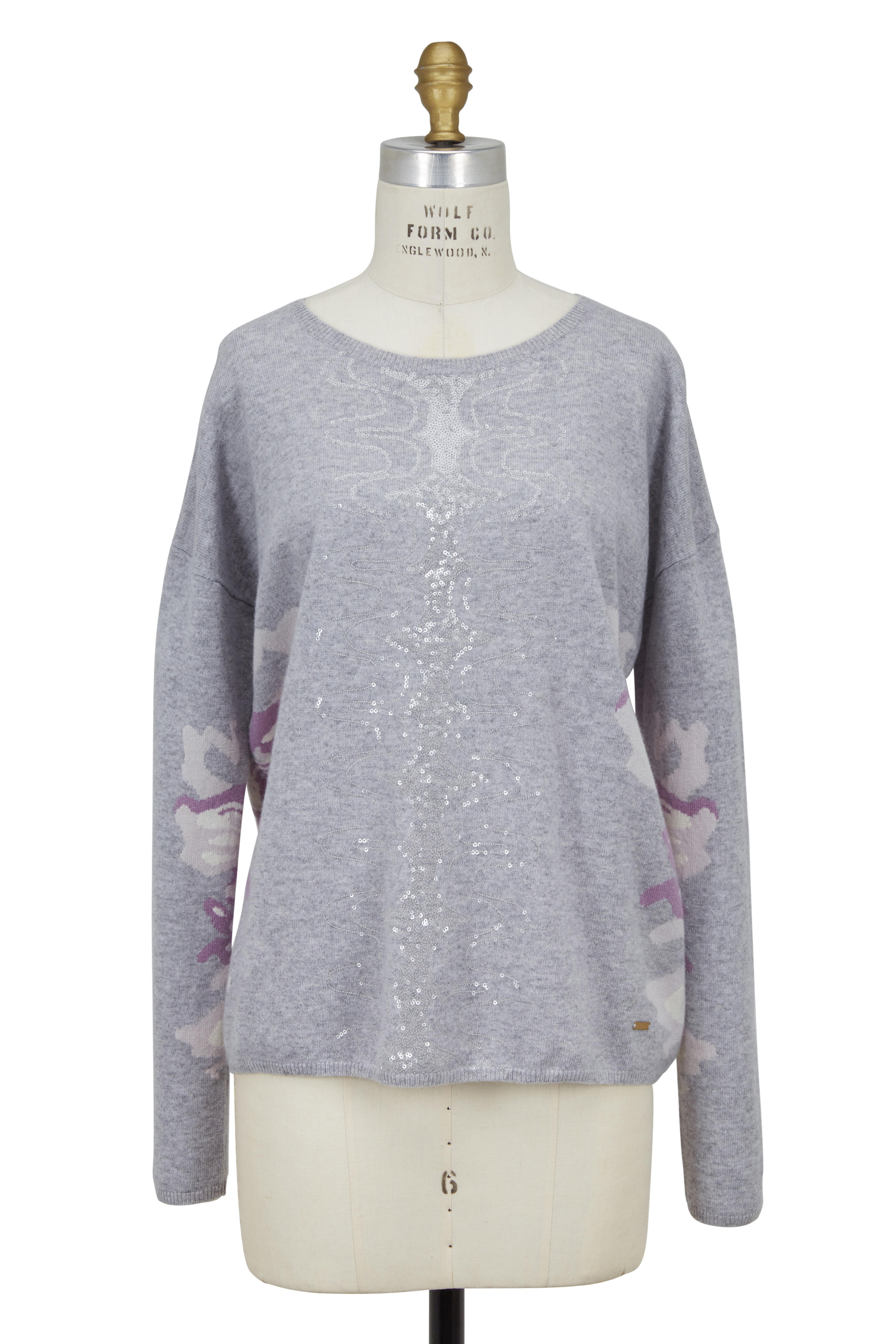 Bogner - Page Light Gray Wool Blend Floral Intarsia Sweater