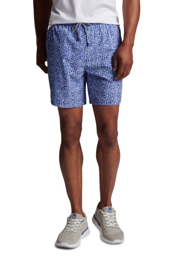 Peter Millar - Shark Bait Blue Fishbone Print Swim Trunks