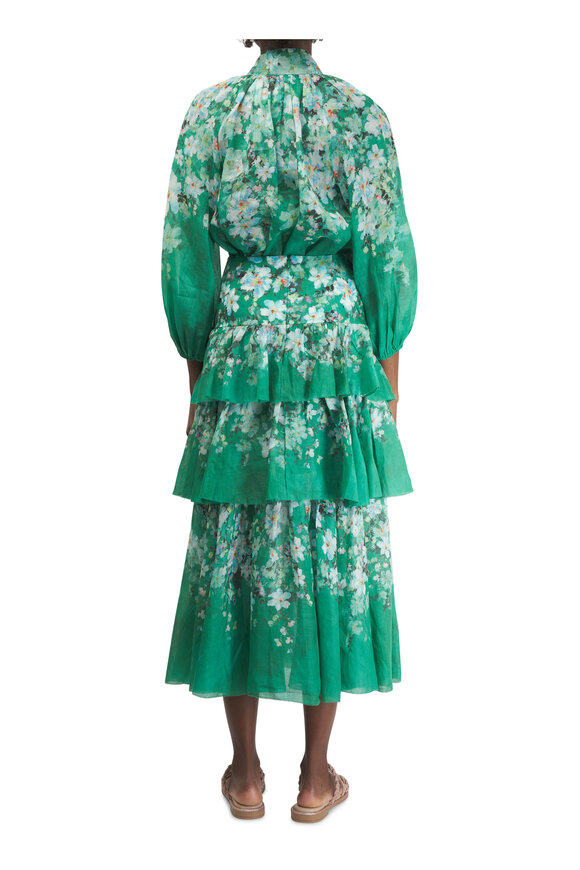 Zimmermann - Everley Tiered Green Watercolor Floral Midi Skirt