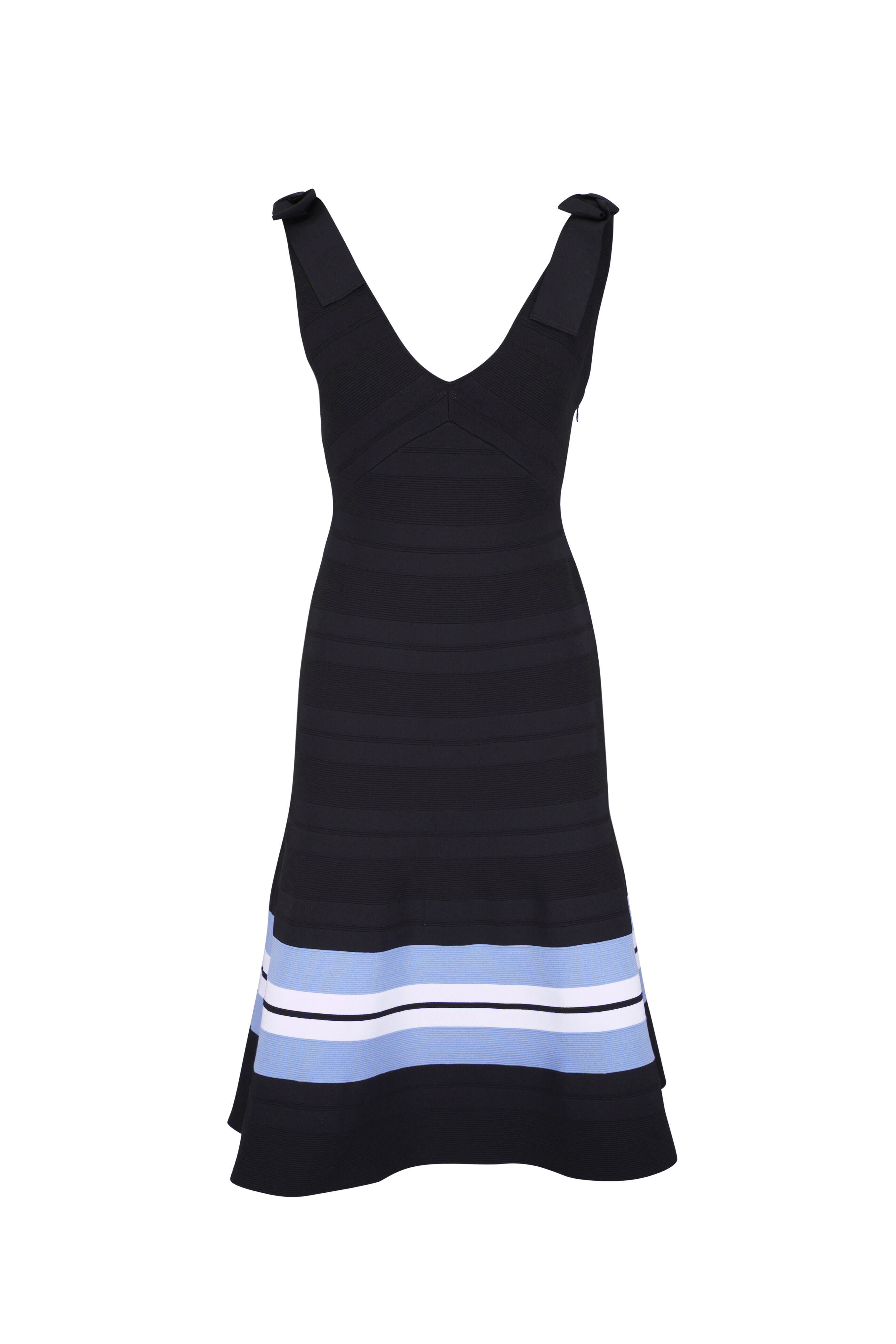 Carolina Herrera - Black Multicolor Stripe V-Neck Flare Dress