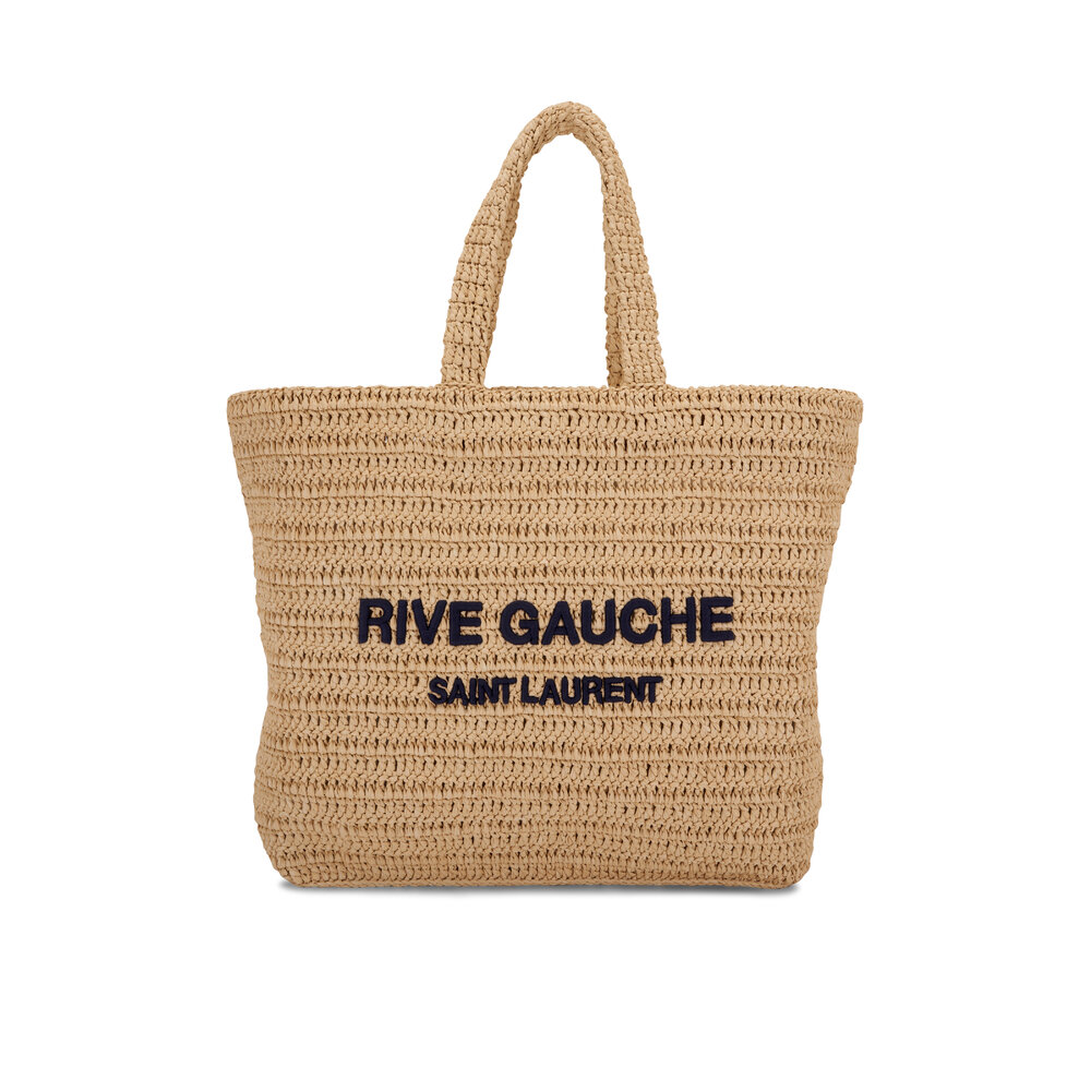 Beige Rive Gauche logo-embroidered raffia tote bag