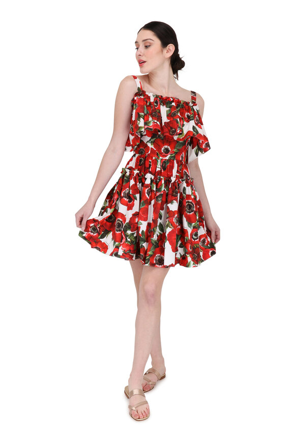Dolce & Gabbana - Red Anemone Floral Off-The-Shoulder Ruffled Dress 