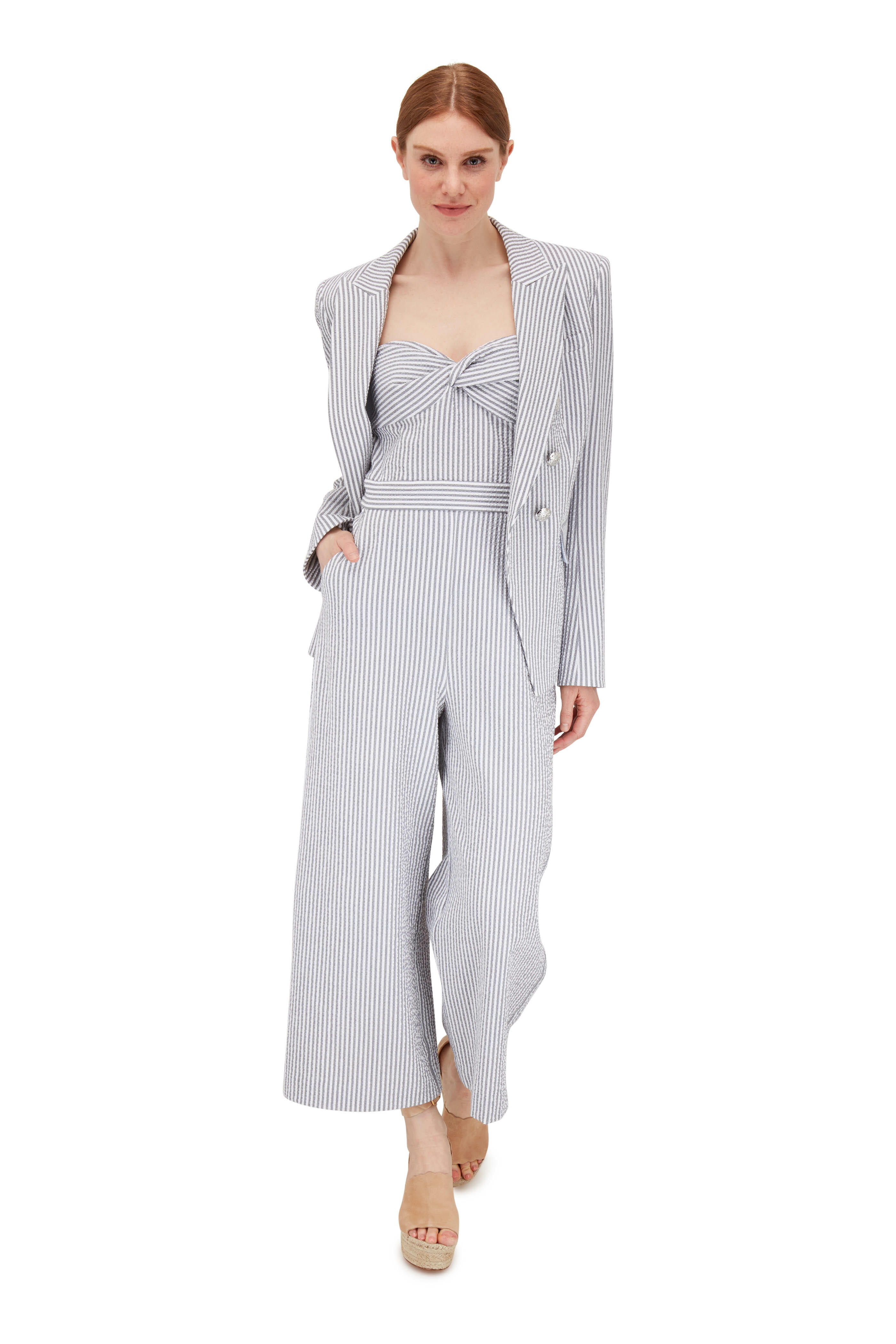 Veronica Beard - Miller Gray & White Striped Double-Breasted Jacket