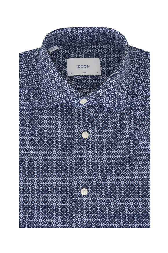 Eton Navy Blue & White Medallion Print Dress Shirt
