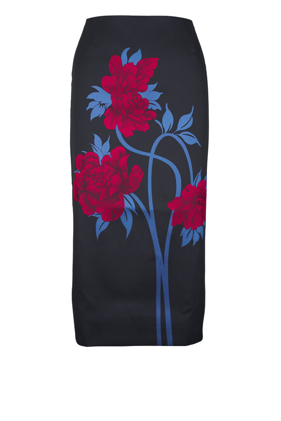 La DoubleJ Blue & Black Peonies Jacquard Pencil Skirt - view 1