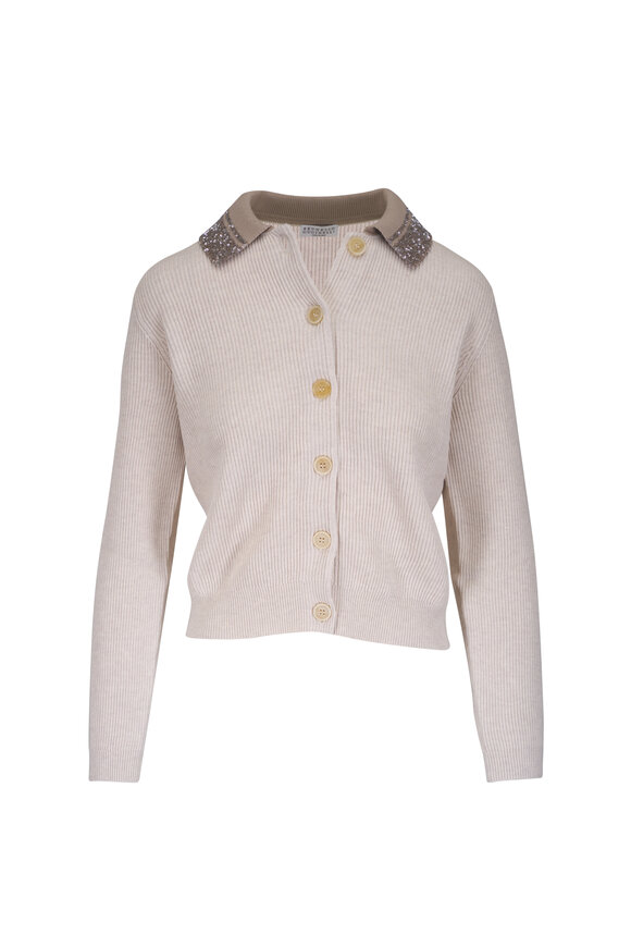 Brunello Cucinelli Oat Embellished Collar Button Front Cardigan