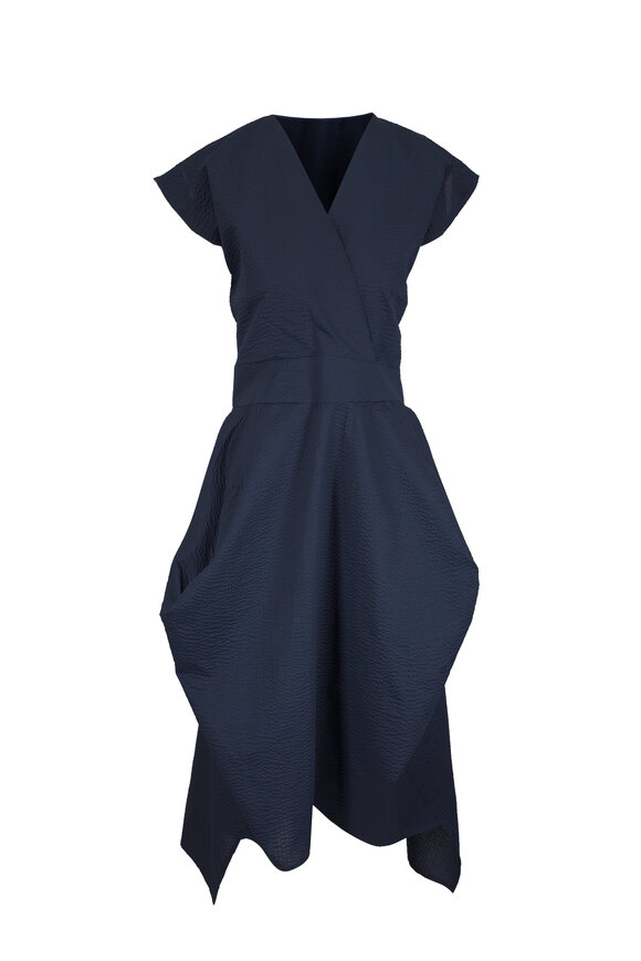 Zero + Maria Cornejo Nio Navy Ripple Cotton Twill Wrap Dress