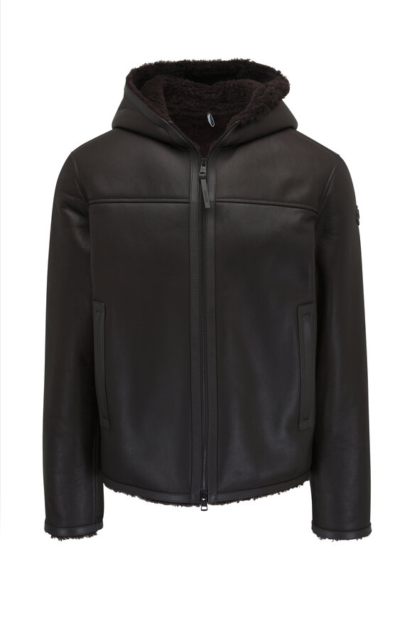 Moncler Brown Leather Shearling Hooded Zip Jacket