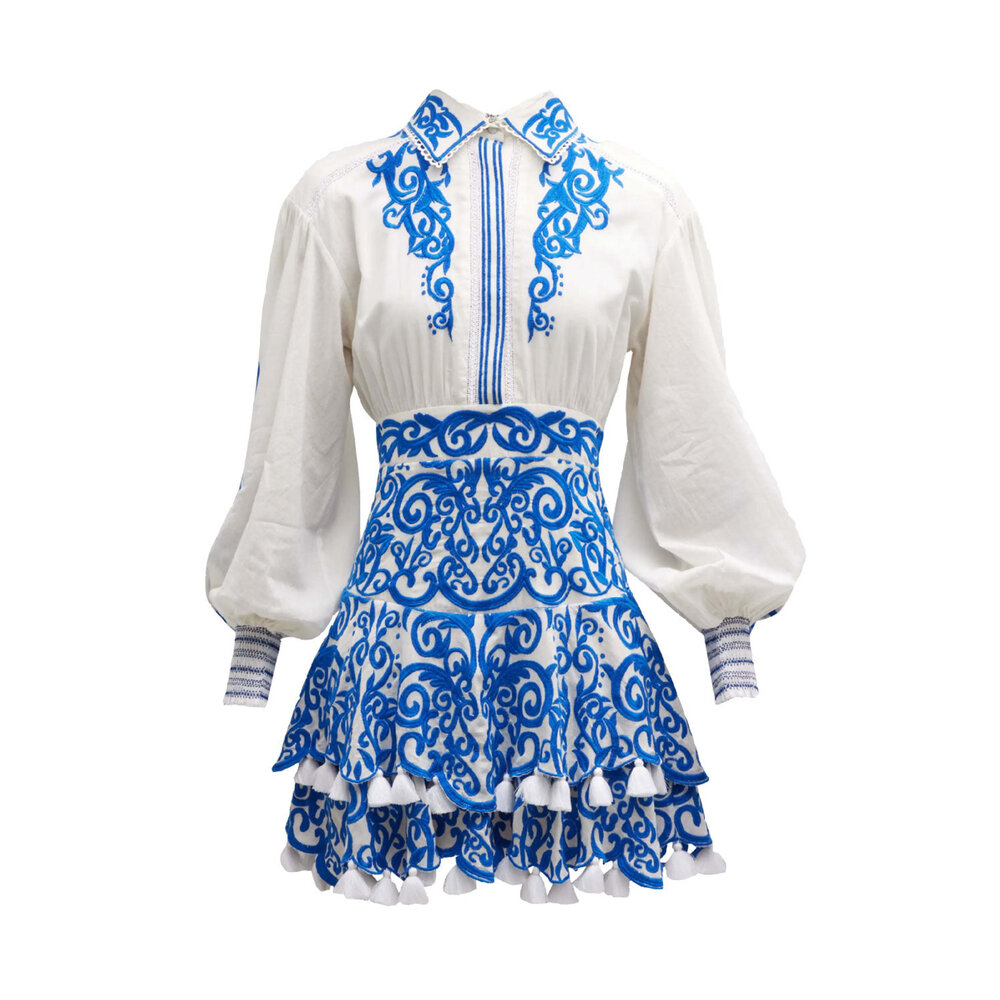 Alice & Olivia - Sapphire White Loryn Embroidered Tiered Mini Dress