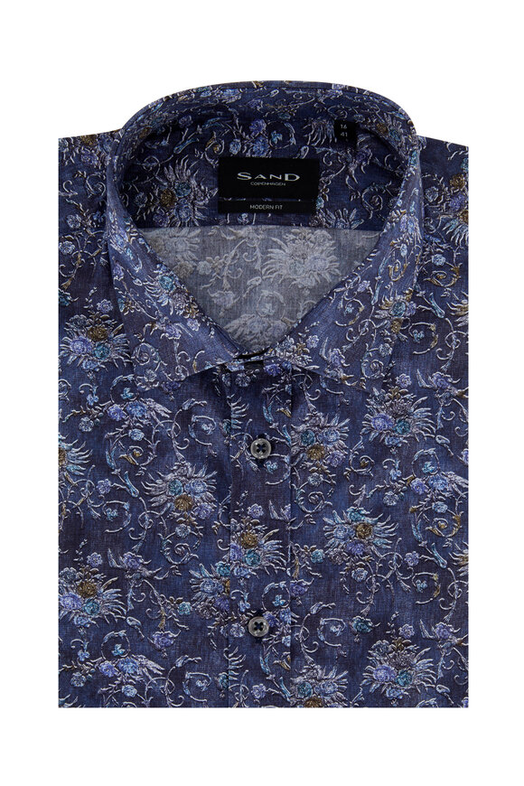 Sand - Blue Floral Modern Fit Sport Shirt