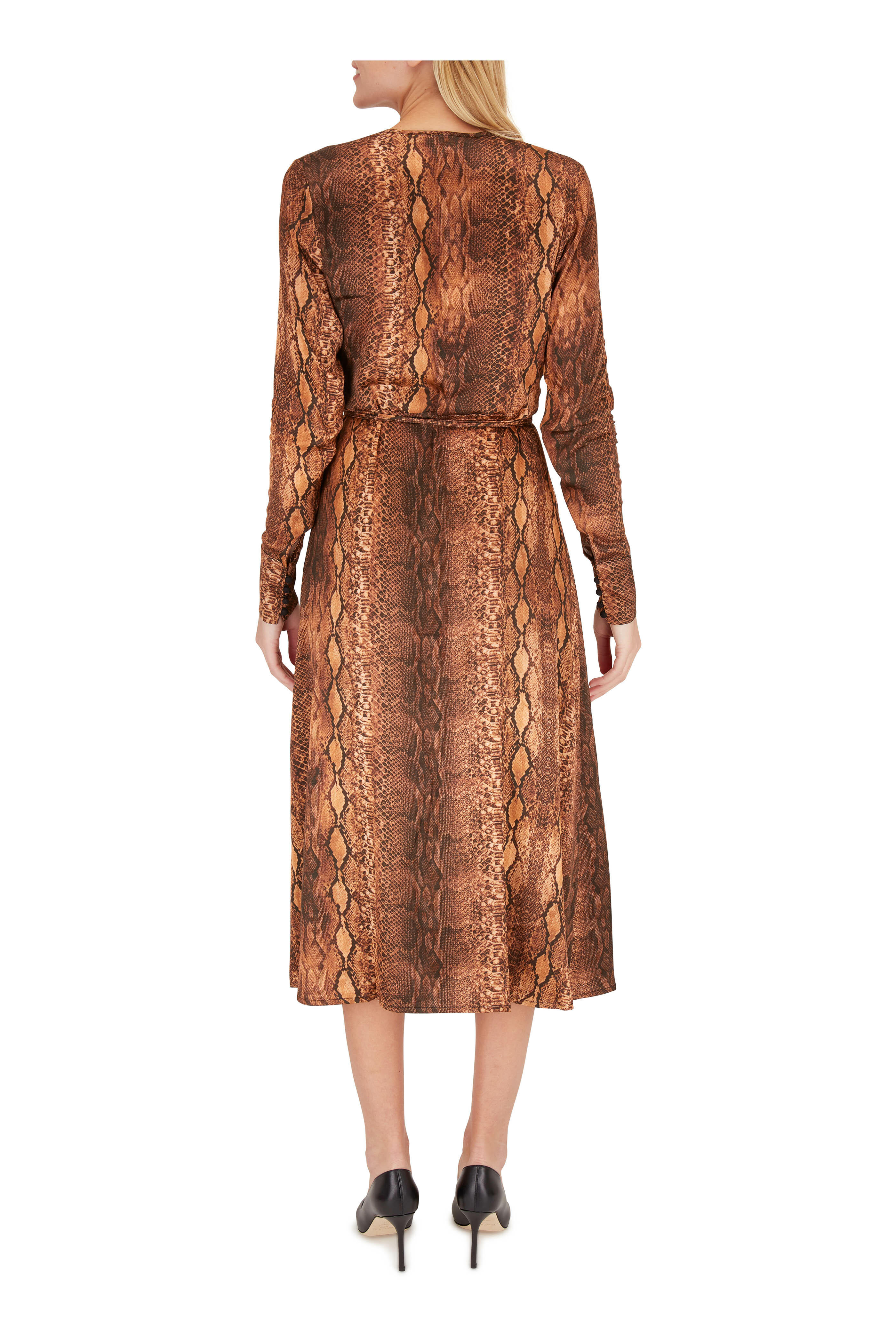 snakeskin print long sleeve dress NEW Good American Snakeskin Print V Neck Wrap Long Sleeves Dress Size 6