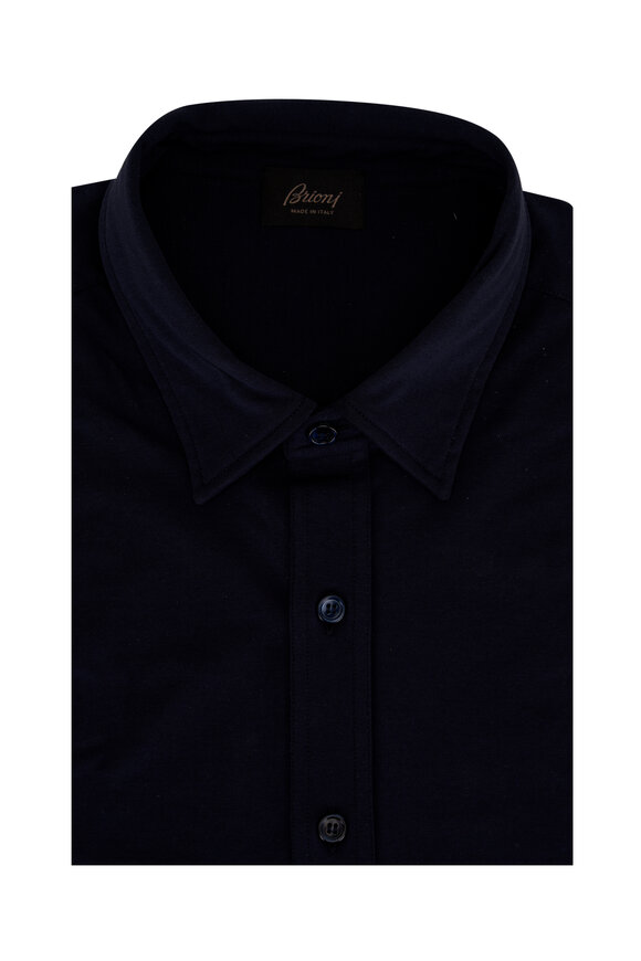 Brioni - Navy Jersey Cotton Long Sleeve Button Down