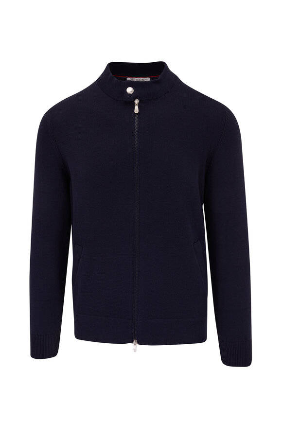 Brunello Cucinelli - Solid Navy Blue Knit Zip Cardigan