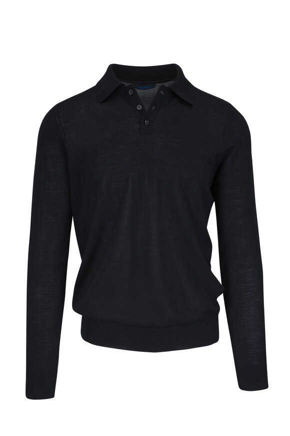 Patrick Assaraf Black Merino Wool Long Sleeve Polo