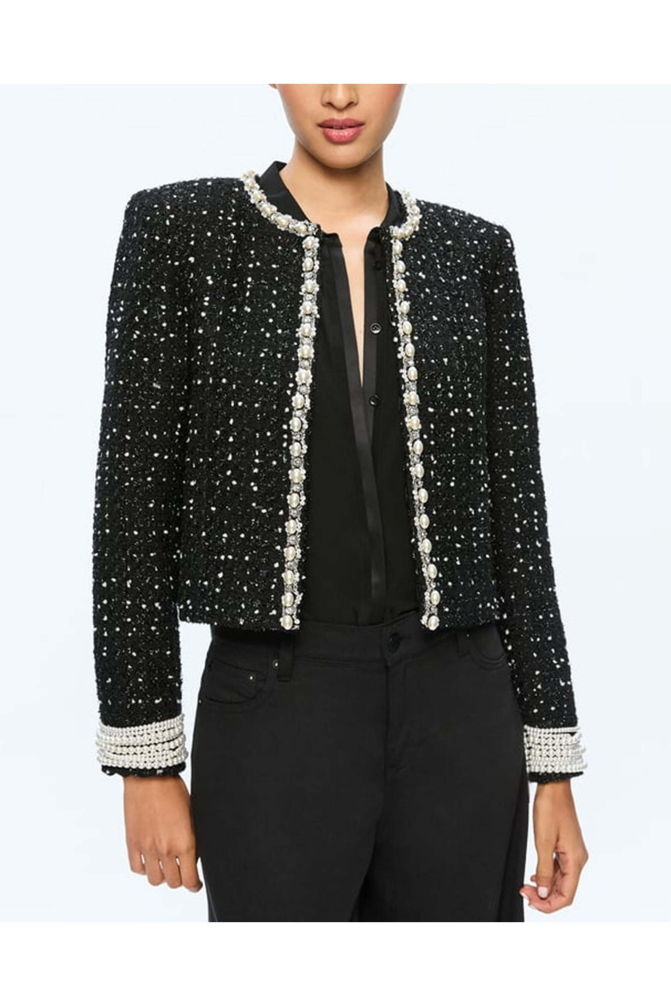 Alice & Olivia - Black and White Embellished Dorian Tweed Jacket