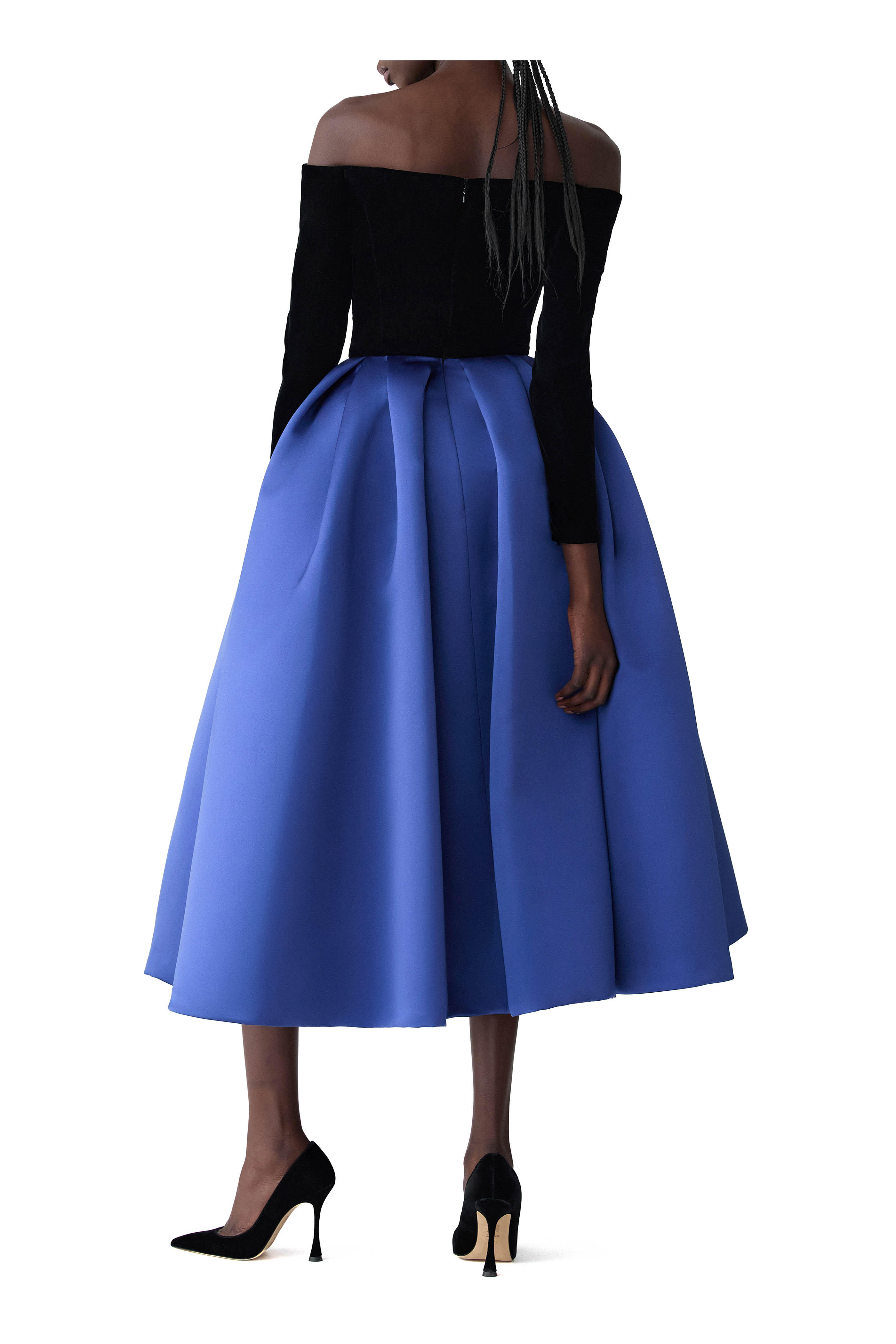 Carolina Herrera - Off-The-Shoulder Black & Navy Combo Midi Dress