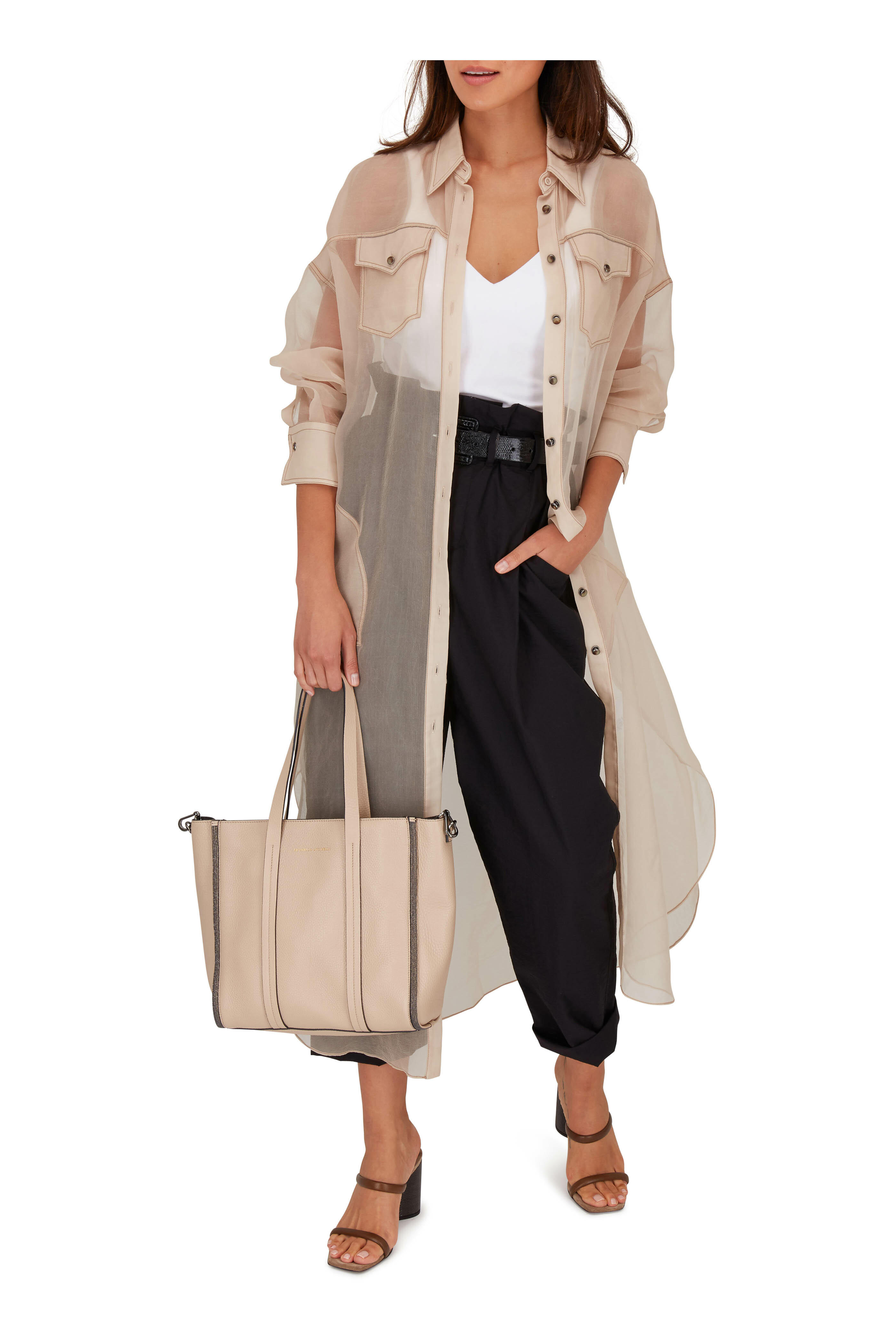 Brunello Cucinelli - Sheer Almond Silk Chiffon Belted Shirtdress