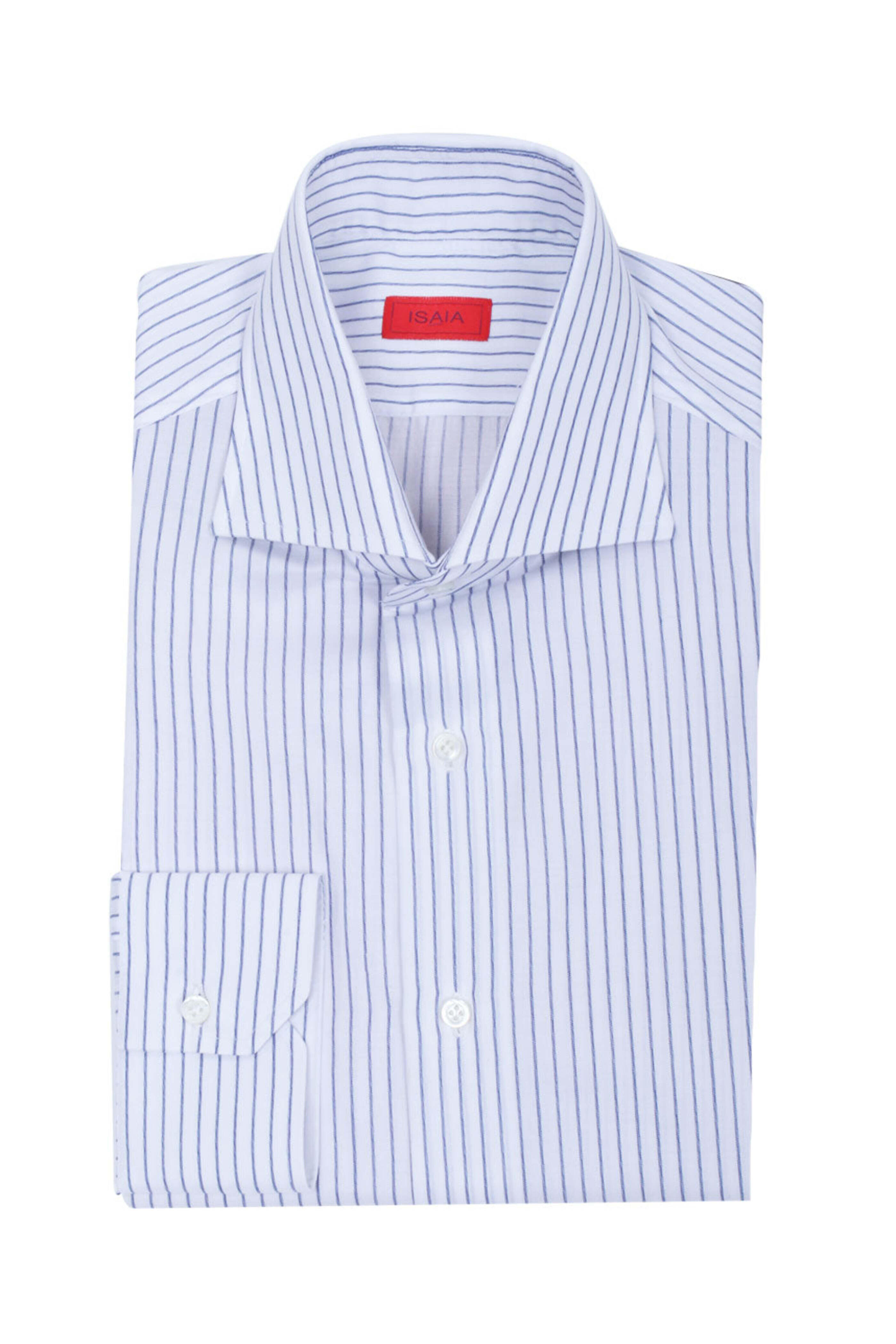 Isaia - White and Navy Stripe Cotton Dress Shirt