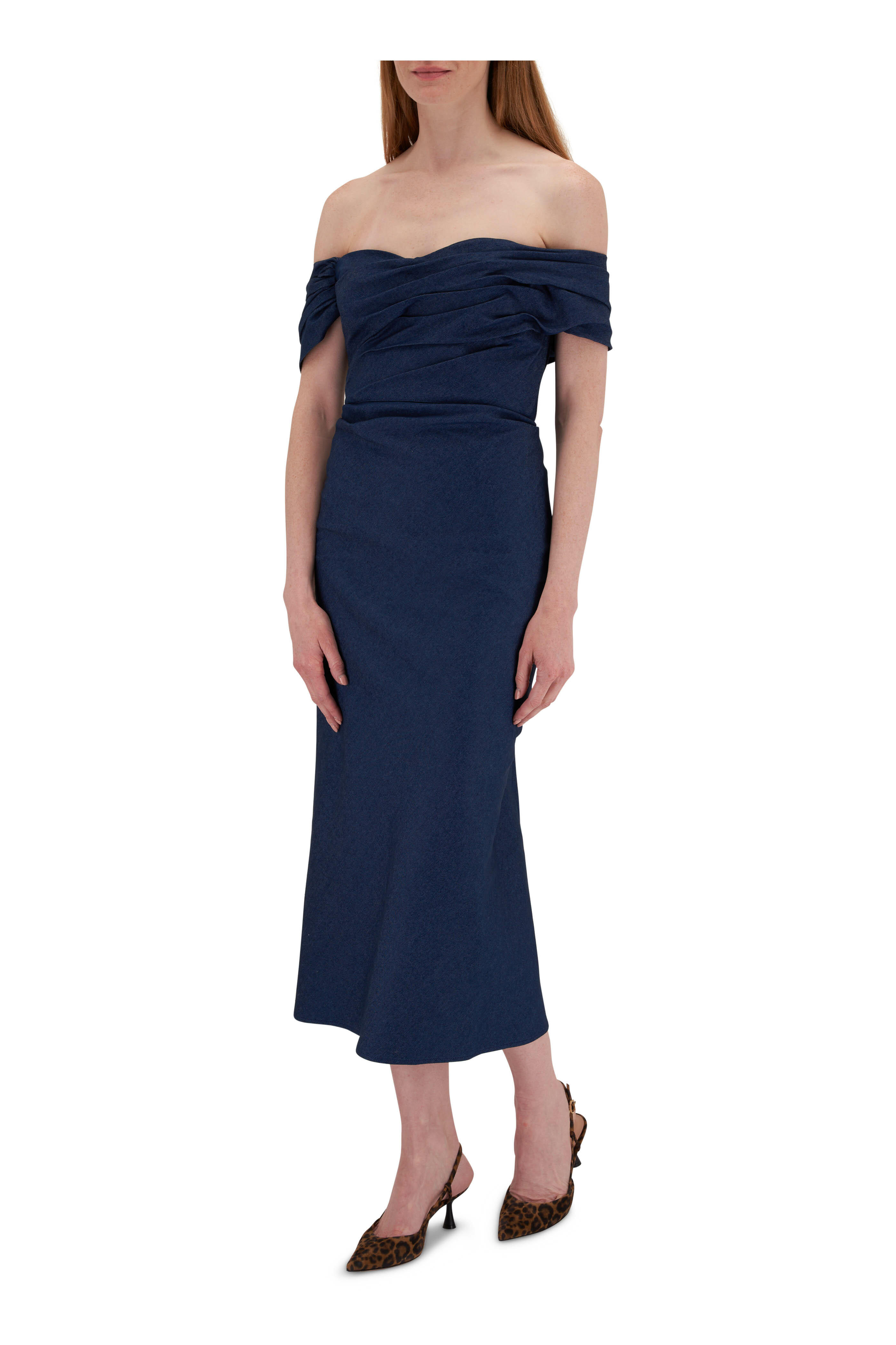 carolina herrera ruched off-the-shoulder midi dress Carolina Herrera 'Off-Shoulder 3/4 SLV Ruched Midi' dress, Blue / L