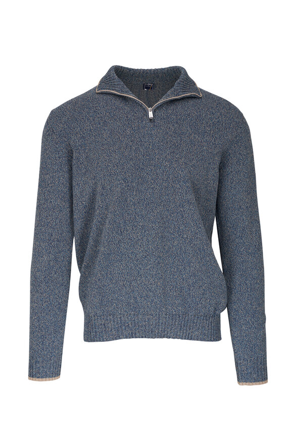 Fedeli Blue Mélange Cotton & Linen Quarter Zip Pullover