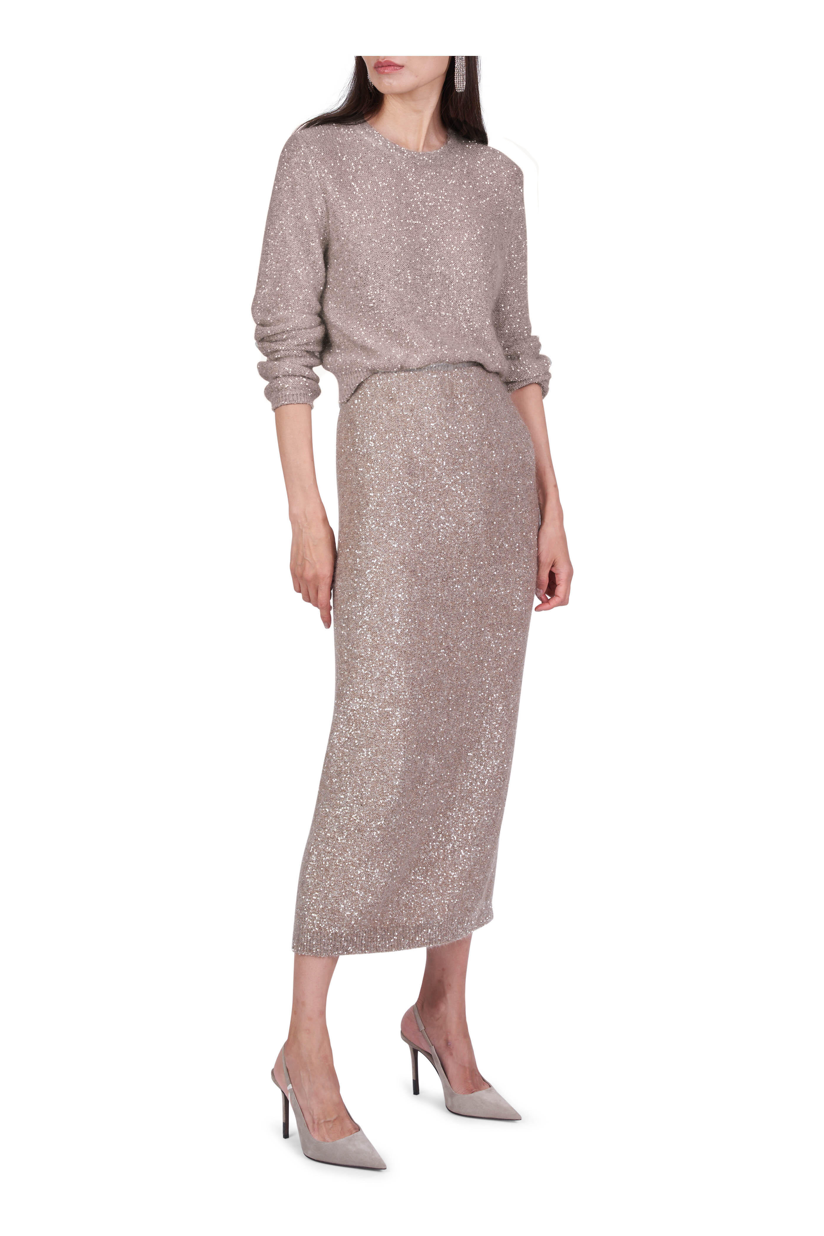 Brunello Cucinelli - Beige Paillette Embellished Crewneck Sweater