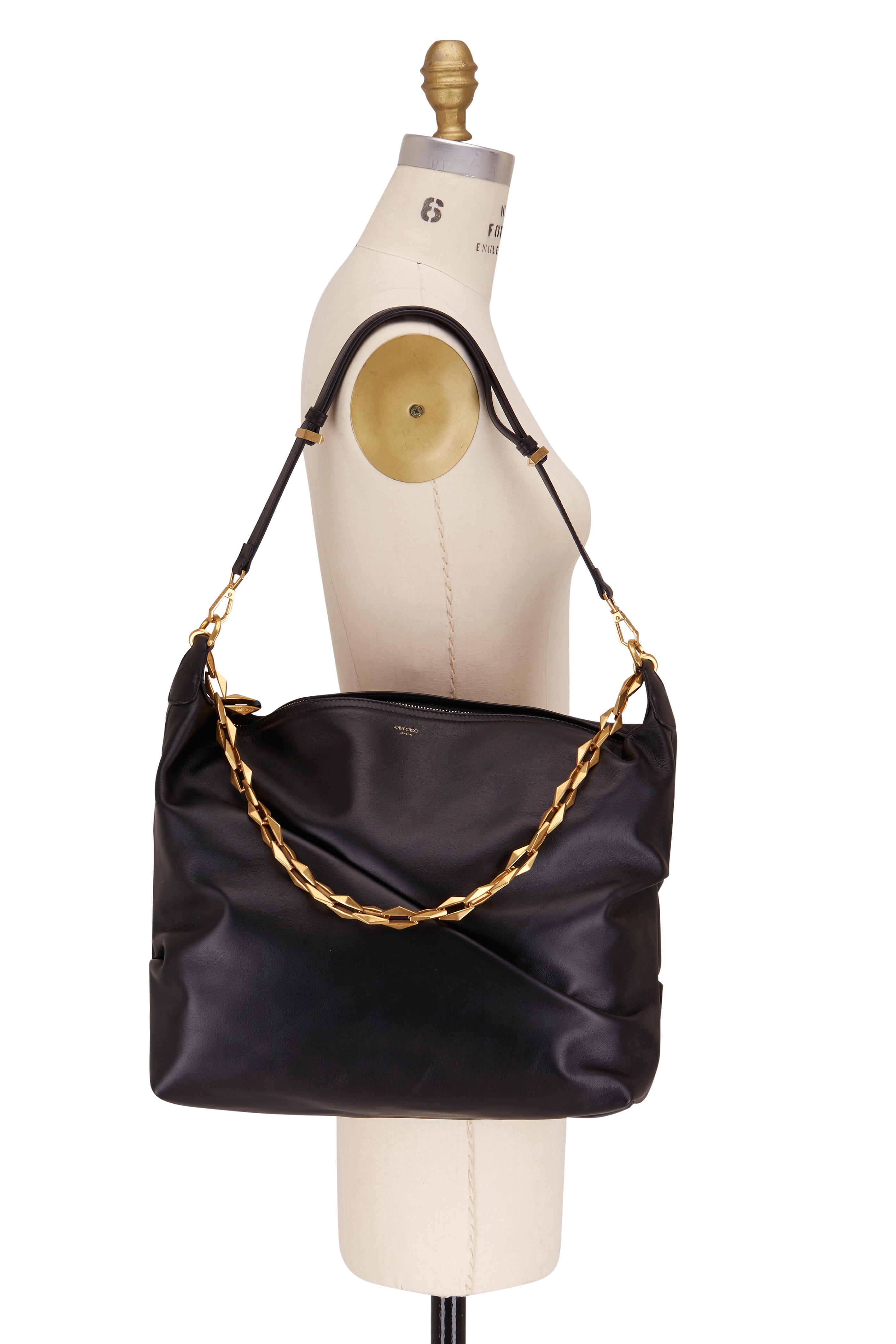 DIAMOND SOFT HOBO/M, Black Soft Calf Leather Hobo Bag with Chain Strap, Spring 2023 collection