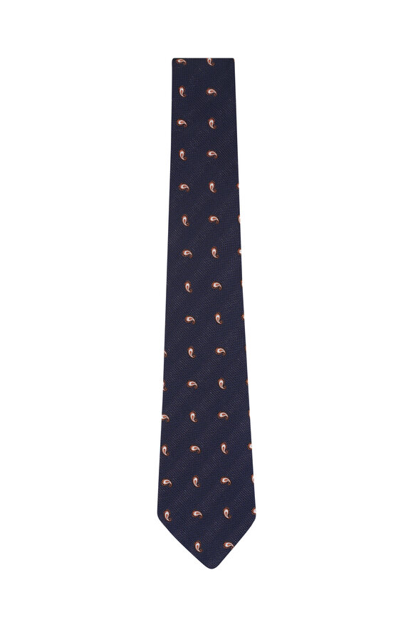 Zegna Navy Blue Paisley Textured Silk Necktie - view 1