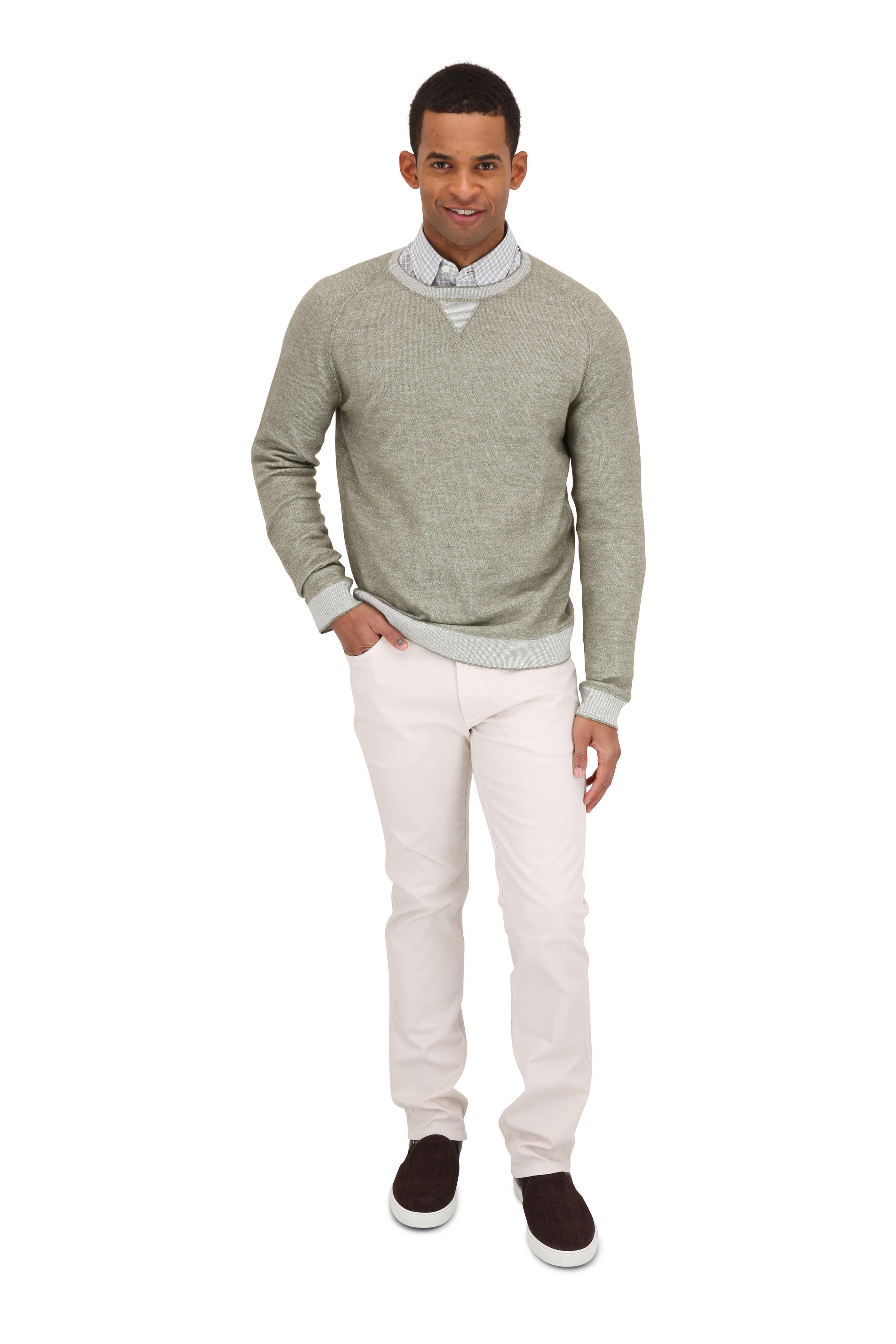 Zegna - Olive Cashmere Blend Crewneck Sweater