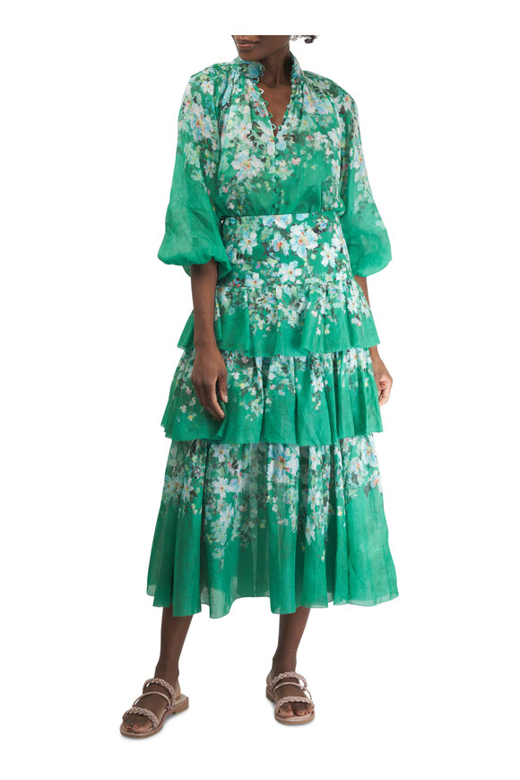 Zimmermann - Everley Tiered Green Watercolor Floral Midi Skirt