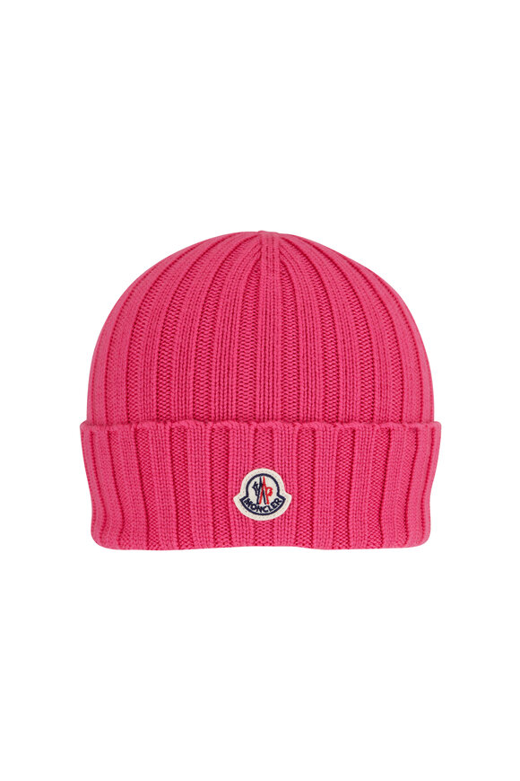 Moncler - Bright Pink Logo Detail Ribbed Knit Wool Beanie