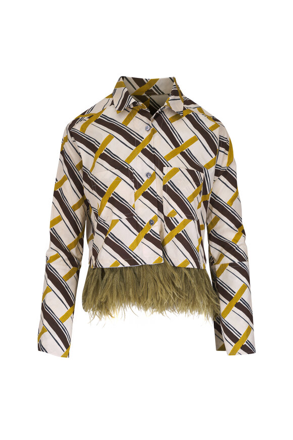 Odeeh Gold & Green Print Feather Trim Blouse