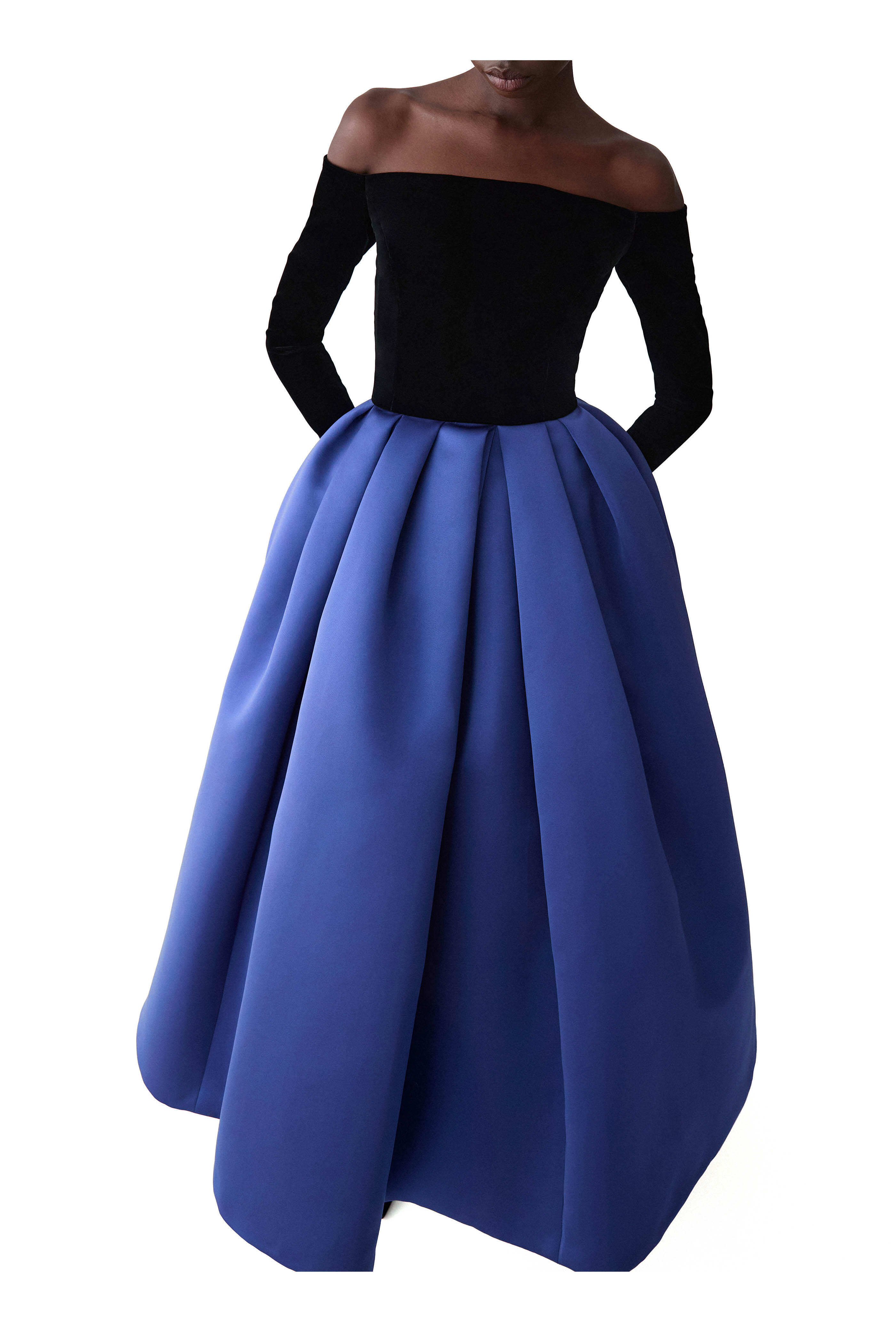 Carolina Herrera - Off-The-Shoulder Black & Navy Combo Midi Dress