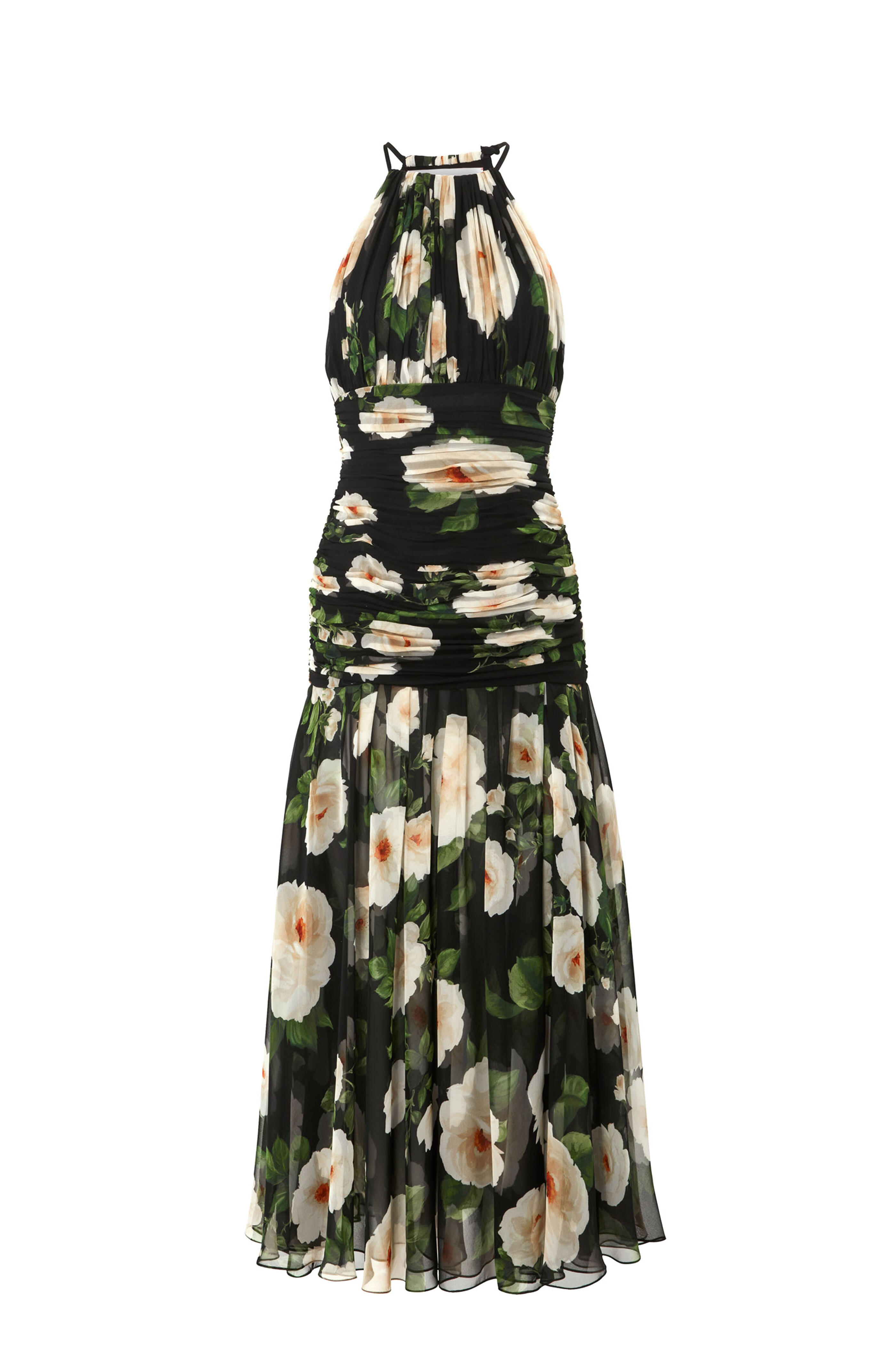 Carolina Herrera - Black Multicolor Rose Print Chiffon Midi Dress