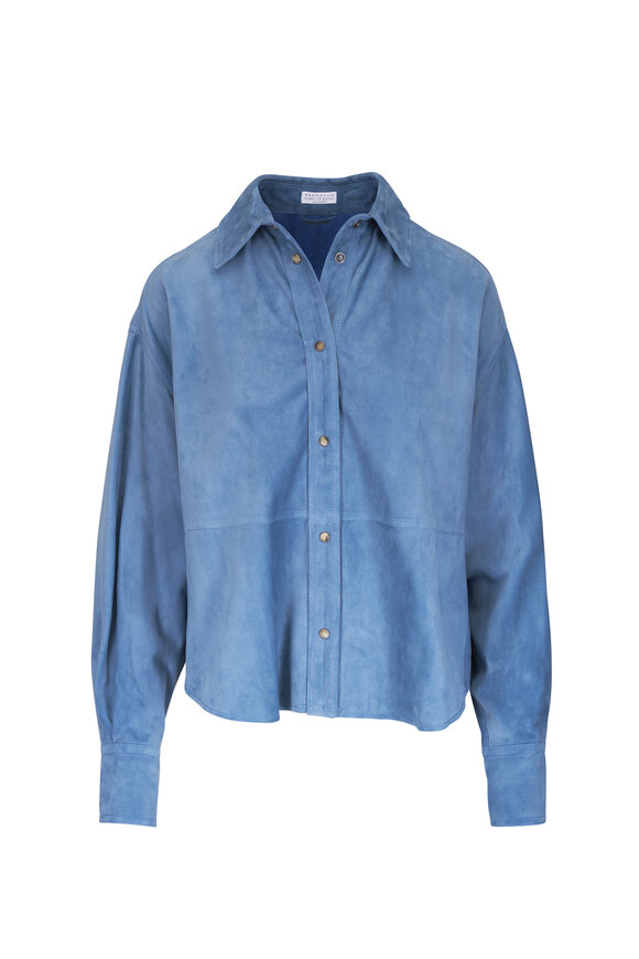 Brunello Cucinelli Blue Suede Cropped Button Up Shirt - view 1