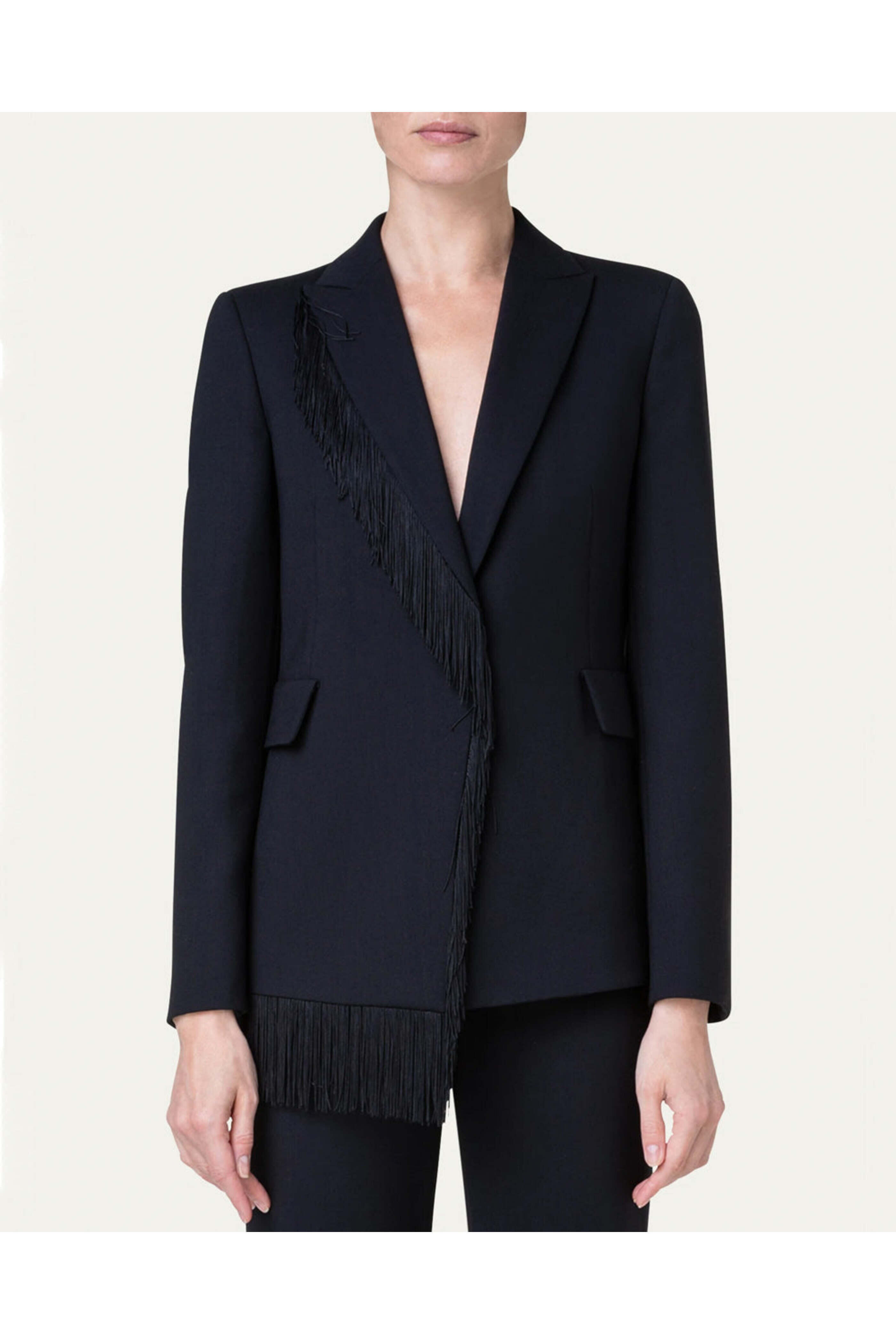 Akris Punto - Black Wool Crepe Fringe Intarsia Blazer