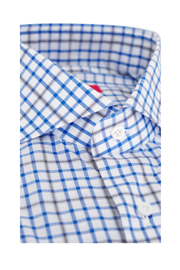 Isaia - White, Blue & Brown Check Cotton Dress Shirt