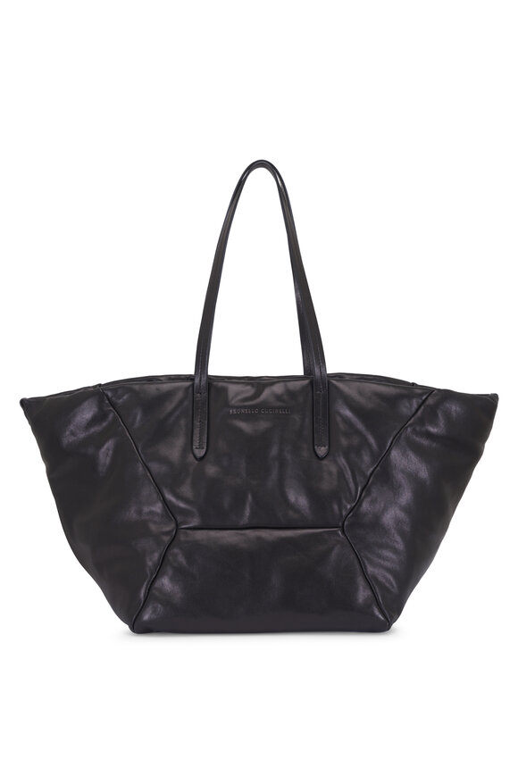 Brunello Cucinelli Medium Duo Black Leather Shopper Tote